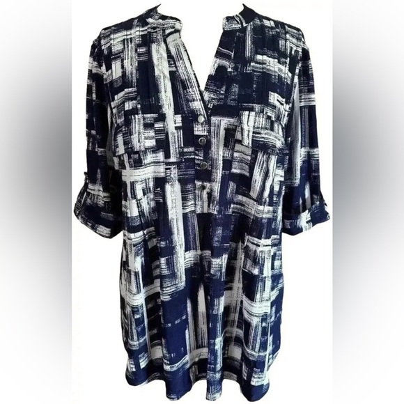 COCOMO 3X Blue White Plus Size elbow sleeve women's Blouse top tun… - Picture 1 of 10